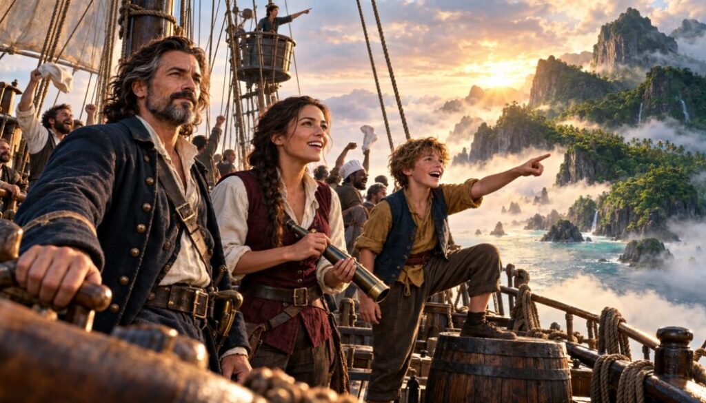 Elias, Mara, and Oliver are prominent as the island emerges from the fog.
