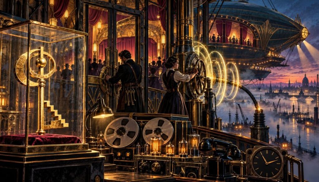 The impossible key, radio room, airship, and moment of crisis share the frame in an Art Deco style distinct from the garden story at the Skylark Theater.