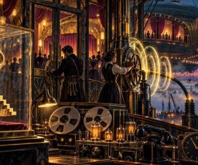 The impossible key, radio room, airship, and moment of crisis share the frame in an Art Deco style distinct from the garden story at the Skylark Theater.