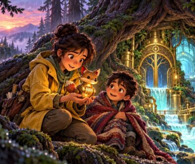Mira and Ivo discovering the glowing river gate beneath the pine roots with the brass fox as the focal point.