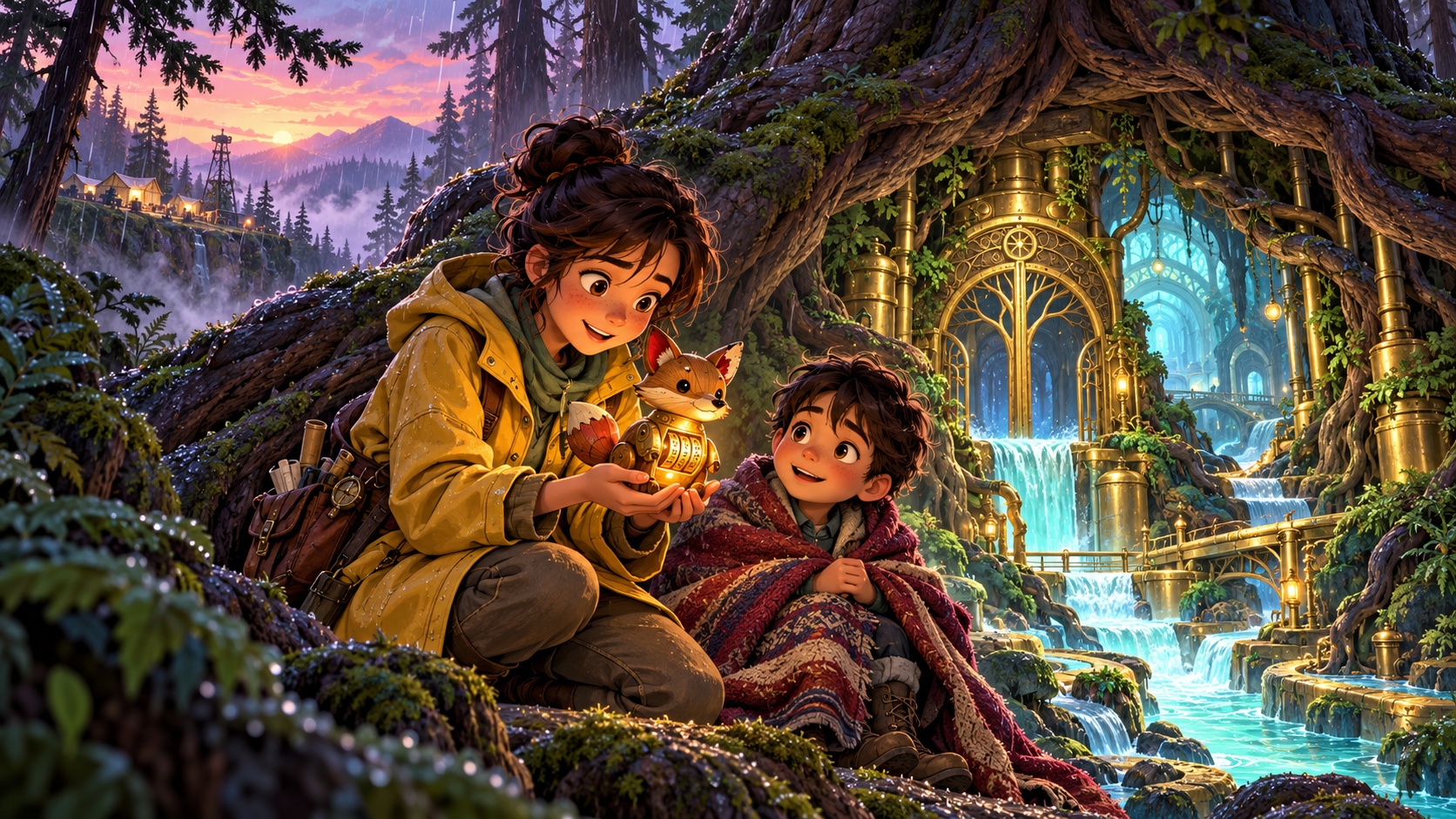 Mira and Ivo discovering the glowing river gate beneath the pine roots with the brass fox as the focal point.
