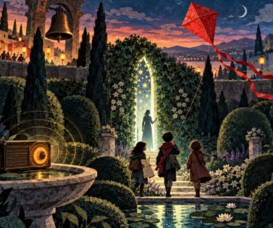 This image brings together the radio, hidden hedge gate, bell, and red kite in a dusk garden, using a textured cut-paper style.