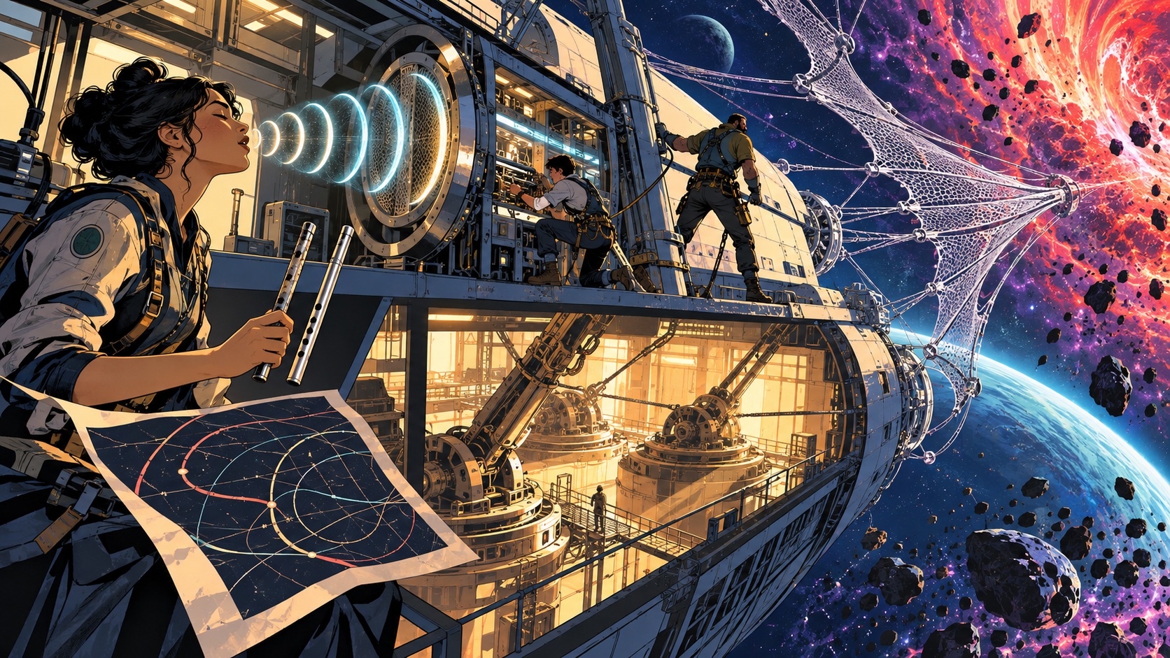 This Hushfold image brings together Ada’s six-note melody, the hidden machinery, the two whistles, and the Umbra Net facing the storm.