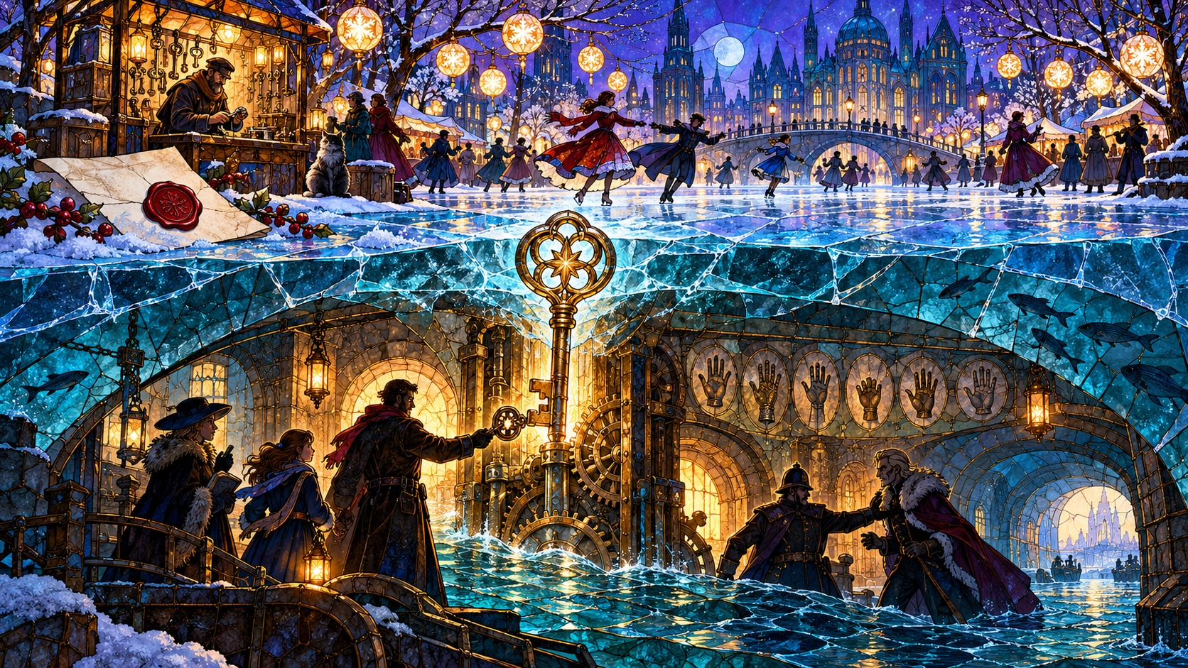This stained-glass look of the carnival that glows above the ice while Silas, the key, and the Charter-Engine fill the hidden world below.